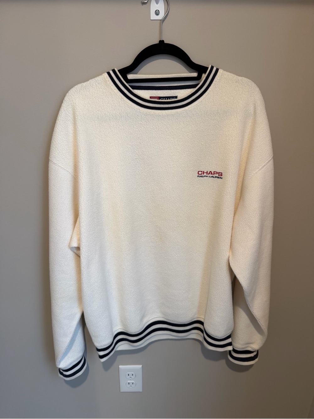 Vintage 90s Chaps Ralph Lauren Fleece Sweater Men L Sweatshirt White Blue Ringer